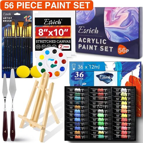 Esrich 40pcs مجموعة الطلاء الاكريليك ، مجموعة لوازم الطلاء الفنية مع 24 قطعة ، لوحين من القماش ، 10 فرش ، طاولة المعادن الحامل ، مجموعة الطلاء المتميز للطلاب والفنانين والمبتدئين in Saudi Arabia