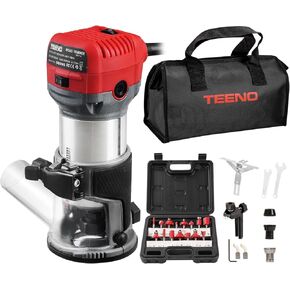 Wood Router, 800W Compact Router Tools for Woodworking, 31000 RPM Hand Trim Router with 15 Pcs 1/4" Router Bits Set, Edge Guide, Roller Guide, Dust Hood in Kuwait