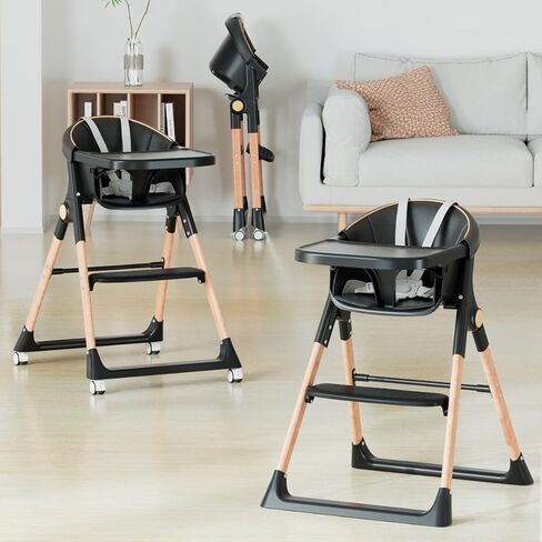 Baby High Chair, High Chairs for Babies and Toddlers, Convertible Folding High Chair with Wheels, Removable Tray 5 Point Harness Footrest Detachable PU Cushion, Portable Highchair for Baby Toddlers in Kuwait