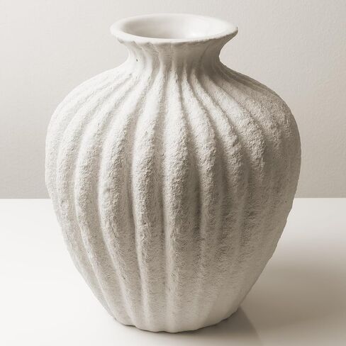 Handmade Ceramic Decorative Vase – Warm White Rustic Textured 10.4" Round Vase with Irregular Waves and Weathered Stone Finish for Home, Office, Farmhouse Decor in Saudi Arabia