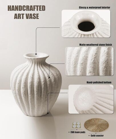 Handmade Ceramic Decorative Vase – Warm White Rustic Textured 10.4" Round Vase with Irregular Waves and Weathered Stone Finish for Home, Office, Farmhouse Decor in Saudi Arabia