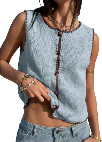 GORGLITTER Women's Button Up Cropped Sweater Vest Vintage Sleeveless Colorful Knit Cardigan Tops in Saudi Arabia
