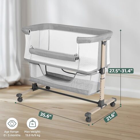 Cowiewie Bassinet Bedside Sleeper, Breathable and Adjustable, Light Grey | 0-5 Months Baby Infant, Co-Sleeping, 6 Heights, Comfy Mattress, Breathable 3D Mesh, Wheeled, Storage Basket, Easy Setup in Saudi Arabia