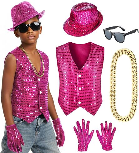 مجموعة نظارات رقص الهيب هوب للأطفال للأولاد من الترتر وقبعة لحفلات الرقص من 3 إلى 10 سنوات in Kuwait