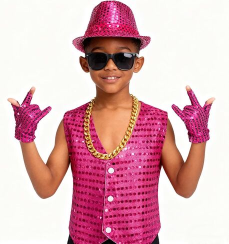 مجموعة نظارات رقص الهيب هوب للأطفال للأولاد من الترتر وقبعة لحفلات الرقص من 3 إلى 10 سنوات in Kuwait
