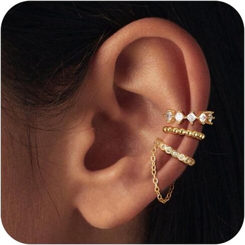 Gold Ear Cuff Earrings for Women, Dainty 14K Gold Plated Ear Cuffs Non Pierced Trendy Hypoallergenic Cubic Zirconia Cartilage Hoop Earring Waterproof Jewelry Set for Women in Kuwait