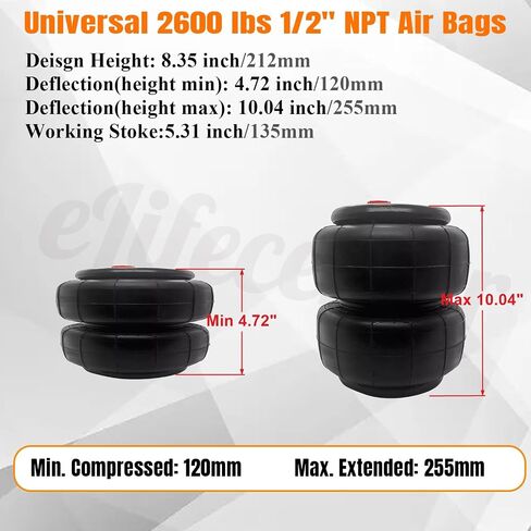 Elifencenter 1/2 "NPT Port Heavy Duty 2500 LBS تعليق أكياس هواء مزدوجة للشاحنات ، القطر 6" ، تمتد 8.35 "، مغلق 2.75" （ثقوب واحدة متزايدة في القاع） in Saudi Arabia