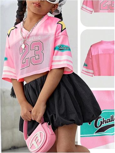 Verdusa Toddler Girl's Summer Jersey Shirts Half Sleeve Crop Tops V Neck Graphic Tees in Saudi Arabia