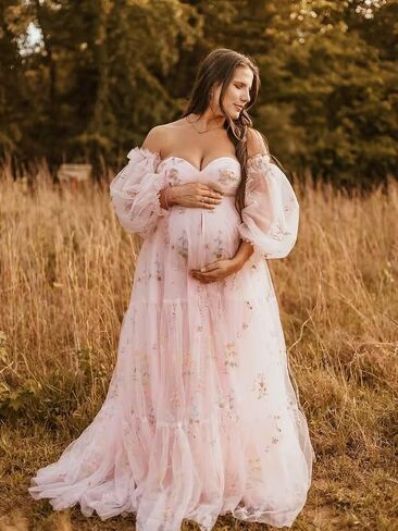 LORIE Flower Embroidery Maternity Dress for Photoshoot Long Puffy Sleeve Sweetheart Pregnancy Baby Shower Dress with Slit in Saudi Arabia