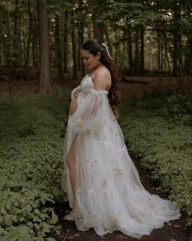 LORIE Flower Embroidery Maternity Dress for Photoshoot Long Puffy Sleeve Sweetheart Pregnancy Baby Shower Dress with Slit in Saudi Arabia