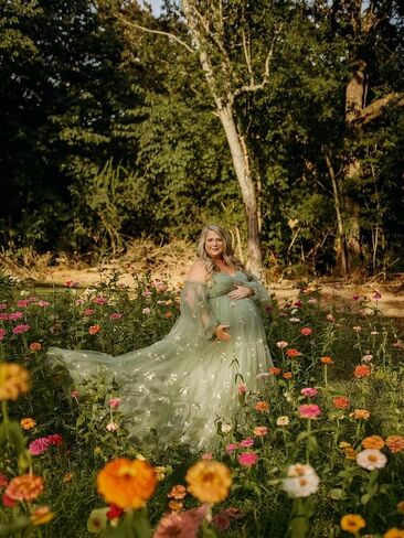 LORIE Flower Embroidery Maternity Dress for Photoshoot Long Puffy Sleeve Sweetheart Pregnancy Baby Shower Dress with Slit in Saudi Arabia