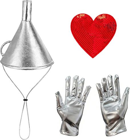 4PCS Tin Costume Accessories, Silver Funnel Hat Axe Set with Sequin Heart Brooch Shiny Metallic Gloves for Cosplay Party Halloween in Saudi Arabia