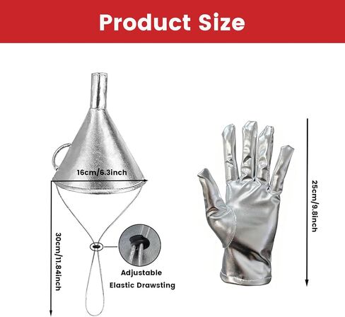 4PCS Tin Costume Accessories, Silver Funnel Hat Axe Set with Sequin Heart Brooch Shiny Metallic Gloves for Cosplay Party Halloween in Saudi Arabia