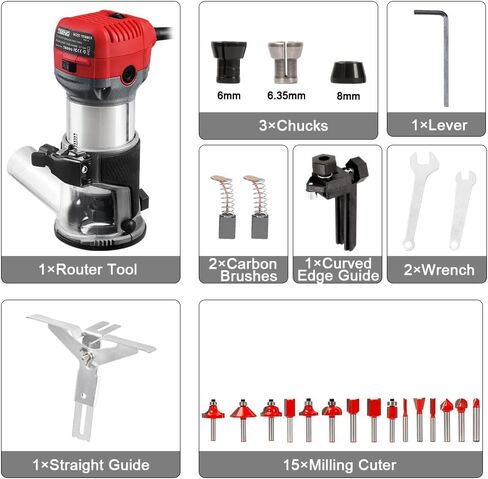 جهاز توجيه خشب ، 800W أدوات جهاز التوجيه المدمج للأعمال الخشبية ، 31000 دورة في الدقيقة يدوية جهاز التوجيه مع 15 PCS 1/4 بوصة أجهزة التوجيه ، دليل الحافة ، دليل الأسطوانة ، غطاء محرك السيارة الغبار in Kuwait