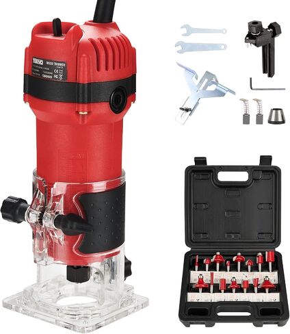 Wood Router, 800W Compact Router Tools for Woodworking, 31000 RPM Hand Trim Router with 15 Pcs 1/4" Router Bits Set, Edge Guide, Roller Guide, Dust Hood in Saudi Arabia