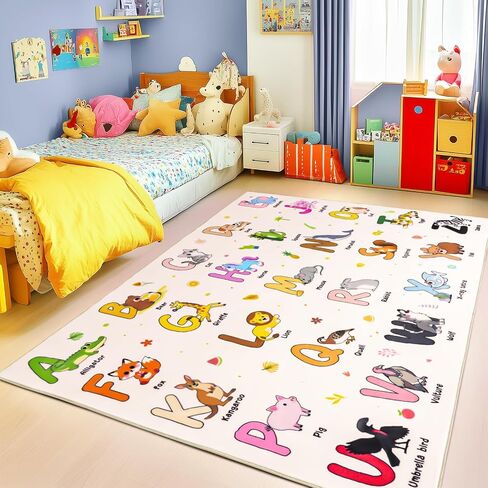 Kids Rugs for Playroom, 3x4 Feet Educational Rug for Learn The ABC Alphabet, Soft Machine Washable Non-Slip Cute Dinosaur Carpet for Classroom Toddler Nursery Kids Room Decor Mat, Beige in Saudi Arabia