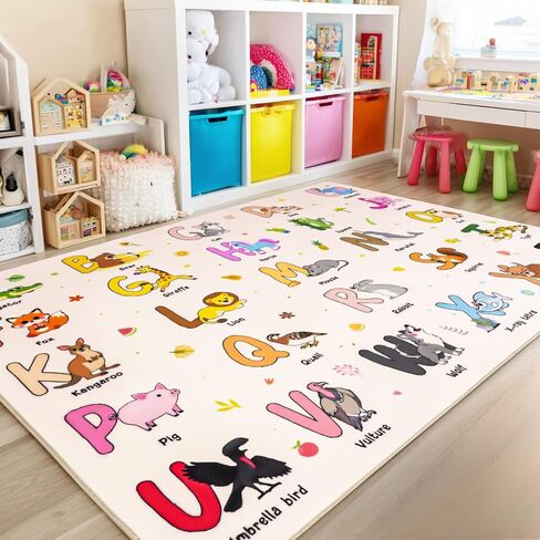 Kids Rugs for Playroom, 3x4 Feet Educational Rug for Learn The ABC Alphabet, Soft Machine Washable Non-Slip Cute Dinosaur Carpet for Classroom Toddler Nursery Kids Room Decor Mat, Beige in Saudi Arabia