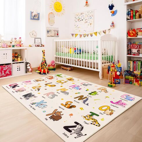 Kids Rugs for Playroom, 3x4 Feet Educational Rug for Learn The ABC Alphabet, Soft Machine Washable Non-Slip Cute Dinosaur Carpet for Classroom Toddler Nursery Kids Room Decor Mat, Beige in Saudi Arabia