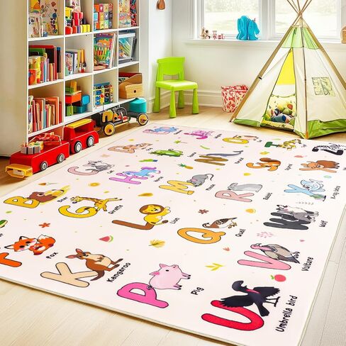 Kids Rugs for Playroom, 3x4 Feet Educational Rug for Learn The ABC Alphabet, Soft Machine Washable Non-Slip Cute Dinosaur Carpet for Classroom Toddler Nursery Kids Room Decor Mat, Beige in Saudi Arabia