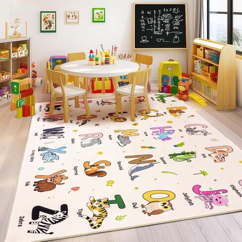 Kids Rugs for Playroom, 3x4 Feet Educational Rug for Learn The ABC Alphabet, Soft Machine Washable Non-Slip Cute Dinosaur Carpet for Classroom Toddler Nursery Kids Room Decor Mat, Beige in Saudi Arabia