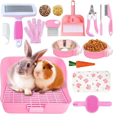 16 PCS Bunny Grooming Kit ، صندوق القمامة الأرانب ، ألعاب الأرنب ، البطانيات مع لوازم التنظيف ، وقعادة مرحاض للحيوانات الأليفة مع وعاء قفص للحيوانات الأليفة المعلقة مناسبة للأرنب ، خنزير غينيا (وردي) (وردي (16 مساءً)) in Kuwait