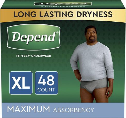 Depend FIT-FLEX Incontinence Underwear for Men, Maximum Absorbency, Disposable, Large, Grey, 52 Count (2 Packs of 26) (Packaging May Vary) in Saudi Arabia