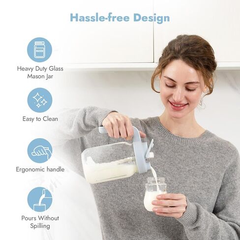 Papablic Glass Breastmilk Pitcher, Formula Mixing Pitcher with Mixing Handle Lid, Wide Mouth Mason Jar Mixer with Flip Locking Spout, Easy to Clean, BPA Free, Blue in Kuwait