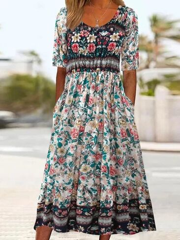 Geleglaer Women's Boho Floral Maxi Dress Summer Casual Crew Neck Short Sleeve Dress Flowy Bohemian Tshirt Dress with Pockets in Saudi Arabia