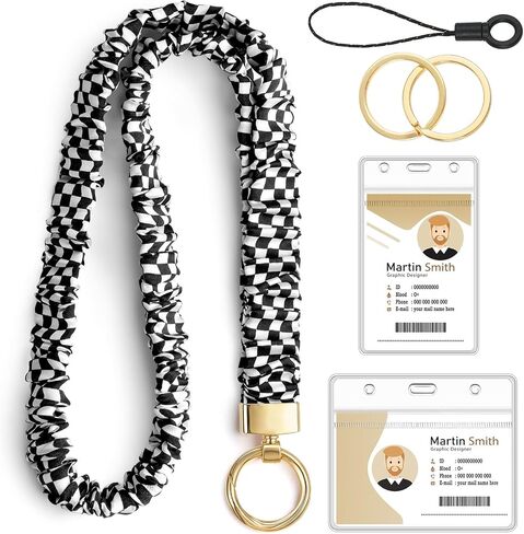 Scrunchie Teacher Lanyards لشارات الهوية ، حبل اللطيف للرقبة للمفاتيح الأشرطة المسدود القابلة للسحب مع حامل البطاقة للنساء ، الأسود in Kuwait