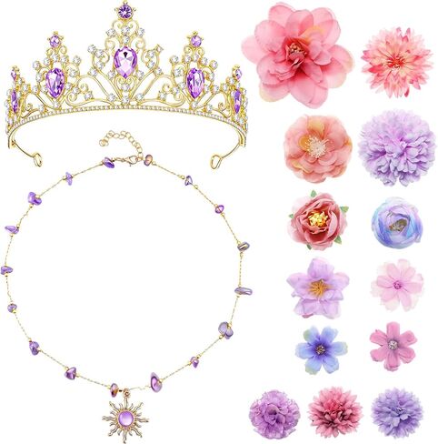 Preboun Princess Costume Accessories for Women, Purple Crystal Tiara Sun Necklace Purple Flower Hair Clips Butterfly Hairpins Princess Jewelry Kit for Halloween Cosplay Birthday Party in Saudi Arabia