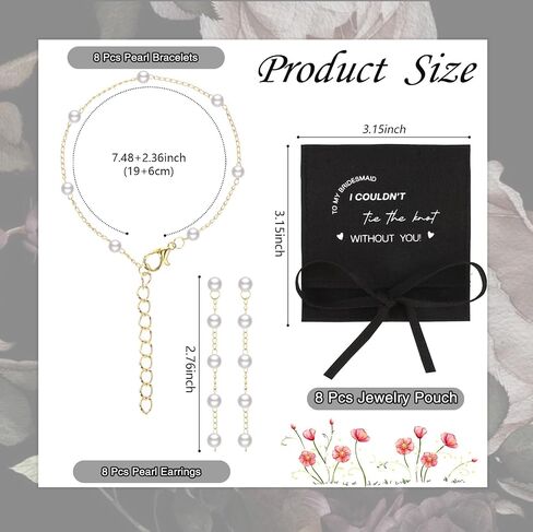 24 Pcs 8 Sets Bridesmaids Gift Pearl Jewelry Set Pearl Bracelet & Earrings, Jewelry Pouch with Bow Tie I Couldn't Tie the Knot Without You Wedding Bride Shower Gifts in Saudi Arabia