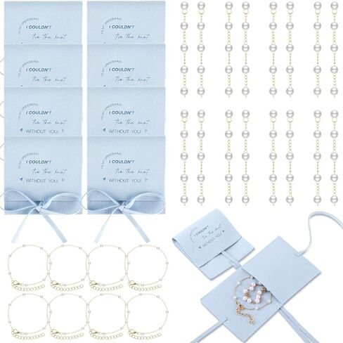 24 Pcs 8 Sets Bridesmaids Gift Pearl Jewelry Set Pearl Bracelet & Earrings, Jewelry Pouch with Bow Tie I Couldn't Tie the Knot Without You Wedding Bride Shower Gifts in Saudi Arabia