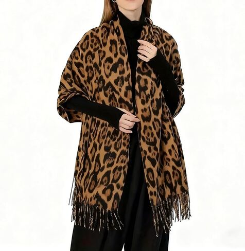 Women Fashion Leopard Cashmere Feel Winter Scarf Soft Long Double-sided Style Tassels Oversize Warm Shawl Scarves Wraps in Saudi Arabia