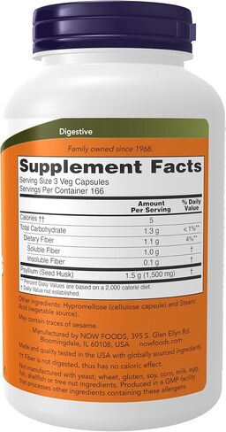 NOW Foods Supplements, Psyllium Husk Caps 500 mg, Non-GMO Project Verified, Natural Soluble Fiber, Intestinal Health*, 200 Veg Capsules in Saudi Arabia