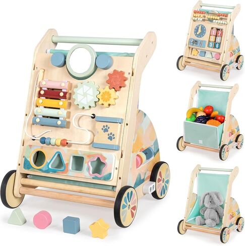 LOL-FUN Wooden Baby Walker مع لوح مزدحم قابل للفصل ، ودفع Walker للطفل مع عجلات السرعة القابلة للتعديل ، ومشي النشاط للأولاد من 6 إلى 12 شهرًا in Kuwait
