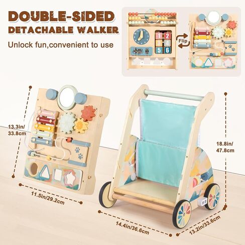 LOL-FUN Wooden Baby Walker مع لوح مزدحم قابل للفصل ، ودفع Walker للطفل مع عجلات السرعة القابلة للتعديل ، ومشي النشاط للأولاد من 6 إلى 12 شهرًا in Kuwait