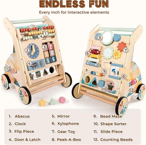 LOL-FUN Wooden Baby Walker مع لوح مزدحم قابل للفصل ، ودفع Walker للطفل مع عجلات السرعة القابلة للتعديل ، ومشي النشاط للأولاد من 6 إلى 12 شهرًا in Kuwait