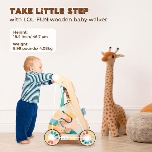LOL-FUN Wooden Baby Walker مع لوح مزدحم قابل للفصل ، ودفع Walker للطفل مع عجلات السرعة القابلة للتعديل ، ومشي النشاط للأولاد من 6 إلى 12 شهرًا in Kuwait