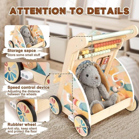 LOL-FUN Wooden Baby Walker مع لوح مزدحم قابل للفصل ، ودفع Walker للطفل مع عجلات السرعة القابلة للتعديل ، ومشي النشاط للأولاد من 6 إلى 12 شهرًا in Kuwait