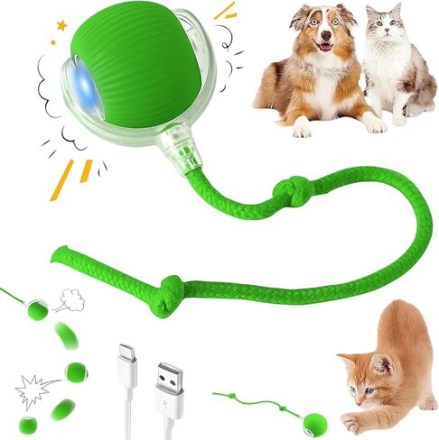 Interactive Electric Automatic Rolling Moving Rechargeable Self Play Stimulation Toy,Smart Pet Chase Ball with Speedy Tail Rope for Bored Indoor Cats Enrichment,stimulating Dogs Toy Small Dogs (Green) in Saudi Arabia