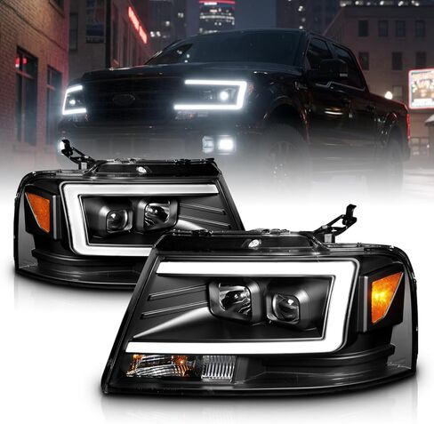AmeriLite For 2004-2008 Ford F-150 Truck C-Type LED Tube Square Black Projector Headlights Assembly Pair - Driver and Passenger in Kuwait