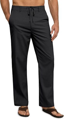 Mens Linen Pants Casual Linen Dress Pants Drawstring Summer Beach Lightweight Trousers with 4 Pockets Khaki, XL in Saudi Arabia