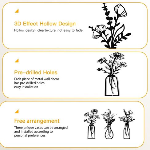 3PICE MODERT Rustic Metal Flower Wall Art - النحت البسيط الأنيق لديكور الجدار المنزلي (غرفة المعيشة ، غرفة نوم ، غرفة طعام) in Saudi Arabia