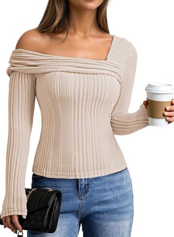 Viottiset Womens Fashion Off The Shoulder Tops Long Sleeve Knit Shirt Drop Shoulder Sweater Top in Saudi Arabia