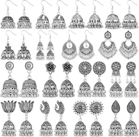 Nosiny 16pairs Gold Jhumkas الأقراط الهندية الأقراط للنساء Jhumka Jhumki Hoop أقراط متدلية مجموعة أقراط بوليوود الهندية التقليدية للنساء in Saudi Arabia