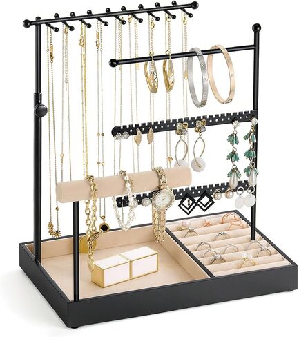 Jewelry Holder, Jewelry Organizer Stand Necklace Earrings Bracelet Holder, 5 Tier Jewelry Display Tower Rack with Metal Frame and Velvet Ring Tray, Aesthetic Jewelry Stand Gift for Women, Gold in Saudi Arabia