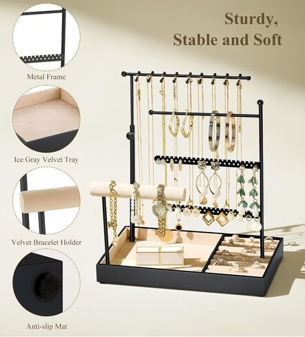 Jewelry Holder, Jewelry Organizer Stand Necklace Earrings Bracelet Holder, 5 Tier Jewelry Display Tower Rack with Metal Frame and Velvet Ring Tray, Aesthetic Jewelry Stand Gift for Women, Gold in Saudi Arabia