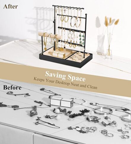 Jewelry Holder, Jewelry Organizer Stand Necklace Earrings Bracelet Holder, 5 Tier Jewelry Display Tower Rack with Metal Frame and Velvet Ring Tray, Aesthetic Jewelry Stand Gift for Women, Gold in Saudi Arabia