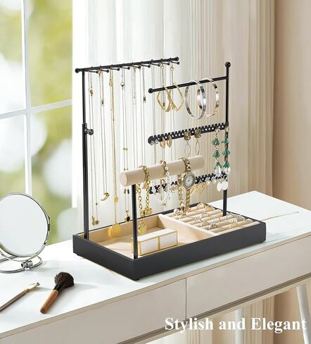Jewelry Holder, Jewelry Organizer Stand Necklace Earrings Bracelet Holder, 5 Tier Jewelry Display Tower Rack with Metal Frame and Velvet Ring Tray, Aesthetic Jewelry Stand Gift for Women, Gold in Saudi Arabia
