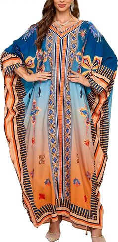 Chunoy Women V Neck Kaftan Dresses Kimono Sleeve Casual Beach Bathing Cover Up Dress in Kuwait